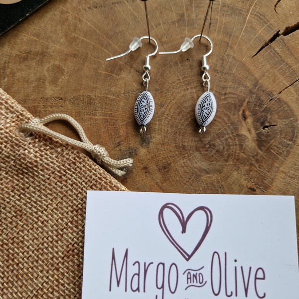 Monochrome - Handcrafted Sterling silver with black and white patterned tear drop shaped pendant earrings.