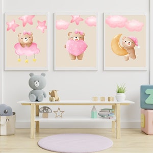 Baby Girl Nursery Teddy Bear Wall Art, Set of 3, Stars and Moon, Heart teddy bear, Little girls room, Pink Wall Art, Pink Decor