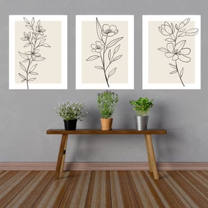 Flower Wall Art set of 3, Minimalist Art, Neutral colors, Digital Prints, Home/Office Decor Art, Botanical Art