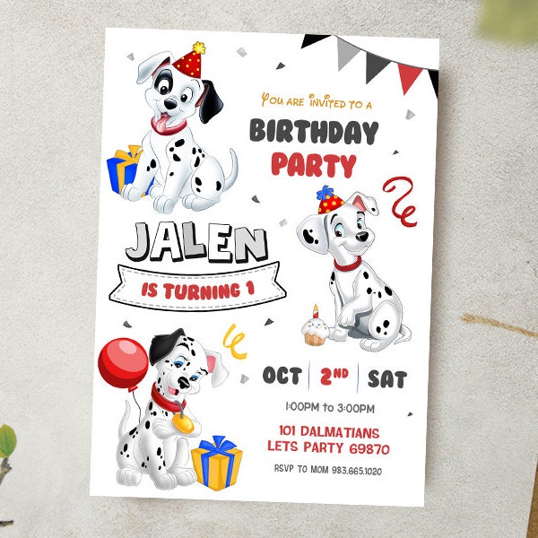 101 Dalmatians Digital Invitation / Dogs Party Invite / Cute Dogs Birthday Card / Kids Birthday Invitation / Dog Party Invitation