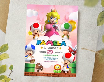 Princess Peach Digital Invitation / Toad Party Invite / Peach Birthday Card / Kids Birthday Invitation / Girl Party Card / Party Invitation