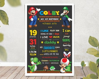 Mario Chalkboard / Super Mario Milestone Board / Luigi Birthday Chalkboard / Mario Bros Birthday Sign Board / Birthday Party Chalkboard