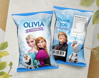 Frozen Chip Bag / Frozen Party Bag / Elsa Favor Bag / Anna Chip Pouch / Frozen Goodie Bag Label / Olaf Chip Bag / Disney Frozen Party Bag