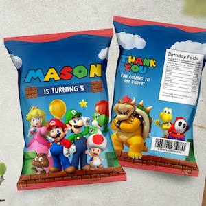 Mario Chip Bag / Mario & Luigi Party Bag / Super Mario Favor Bag / Bowser Chip Pouch / Princess Peach Goodie Bag Label / Yoshi Chip Bag