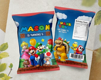 Mario Chip Bag / Mario & Luigi Party Bag / Super Mario Favor Bag / Bowser Chip Pouch / Princess Peach Goodie Bag Label / Yoshi Chip Bag