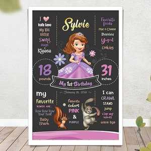 Może przedstawiać: Tablica urodzinowa w stylu tablicy kredowej z postacią księżniczki, wiewiórką i królikiem. Na tablicy widnieje napis "Sylvie" i "Moje 1. urodziny" z datą "26 stycznia 2019". Podano również wagę dziecka jako 18 funtów i wzrost jako 31 cali. Tablica zawiera listę ulubionych potraw, piosenek i kolorów.
