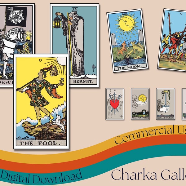 Baraja de cartas de Tarot Rider Waite Smith imprimible, conjunto completo de alta resolución, descarga digital instantánea, uso comercial