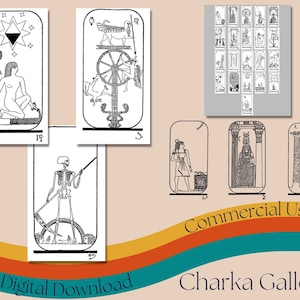 Peut inclure: Un jeu de 22 cartes de tarot en noir et blanc avec des images d'inspiration égyptienne. Les cartes sont disposées en grille sur un fond gris. Le texte "Commercial Use" est écrit en noir sur un fond jaune et orange. Le texte "Digital Download" est écrit en noir sur un fond jaune et orange. Le texte "Charka Gallery" est écrit en noir sur un fond bleu et orange.