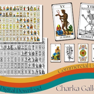 Imprimible "The 1JJ Swiss" Mini Tarot Card Deck Stickers, Blanco y negro y Color Miniatura Tarot Deck Collage Sheets, Uso comercial
