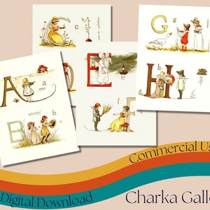 Páginas imprimibles del alfabeto vintage, descarga digital de tarjetas didácticas del alfabeto, hojas de collage de letras vintage efímeras, uso comercial