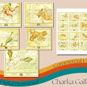 Ilustraciones imprimibles del zodiaco de Uranographia Britannica por el Dr. John Bevis, carta de astrología, hoja de collage de signos del zodiaco, uso comercial