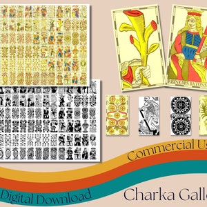 Mini adesivos de baralho de tarô para impressão, preto e branco e colorido "The Tarot Flamand de 1870", folha de colagem de cartas de tarô em miniatura