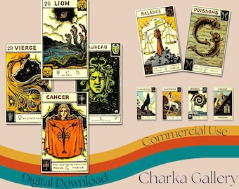 Jeu de cartes de tarot du zodiaque astrologique imprimable, jeu complet de cartes de tarot « Le Tarot Astologique », jeu d'Oracle d'astrologie vintage pour la divination