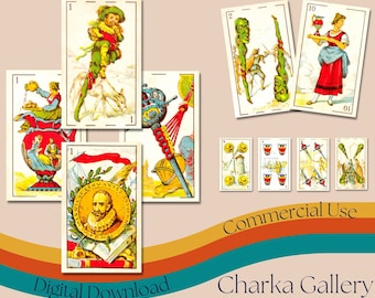 Cartas de jogo "Don Quijote" para impressão, baralho completo, folha de colagem de cartas de jogo espanholas, jogos de cartas vintage, uso comercial