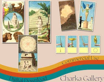 May include: A collage of vintage tarot cards with illustrations of a woman, a star, a sword, a chalice, and a winged figure. The cards are set against a background of a rainbow gradient and the text "Digital Download", "Commercial Use", and "Charka Gallery".
