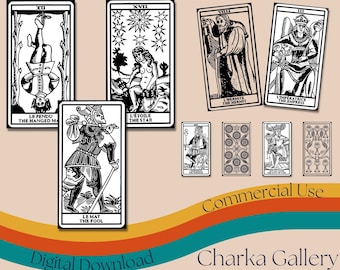 May include: Black and white illustrations of tarot cards, including The Hanged Man, The Star, The Fool, The Hermit, The Empress. The cards are arranged in a grid pattern on a tan background with a colourful wave pattern at the bottom. The text "Digital Download" and "Commercial Use" are at the bottom of the image.