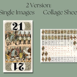 May include: A vintage playing card deck featuring a collage sheet with all 52 cards, including the joker, arranged in a grid pattern. Each card is illustrated with a unique design and includes the number or face value of the card. The cards are printed on a white background with black and red ink.