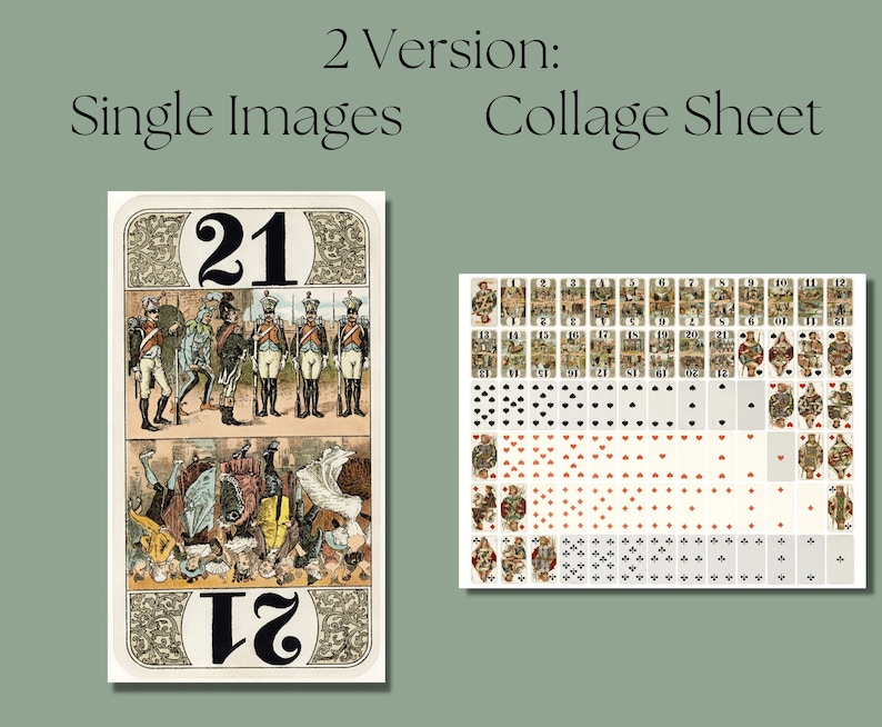 May include: A vintage playing card deck featuring a collage sheet with all 52 cards, including the joker, arranged in a grid pattern. Each card is illustrated with a unique design and includes the number or face value of the card. The cards are printed on a white background with black and red ink.