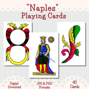 Pode incluir: Conjunto de cartas de jogar napolitanas com três designs distintos. As cartas apresentam uma águia de duas cabeças, um rei e um adorno ornamental. O texto "Naples Playing Cards" é exibido no topo.