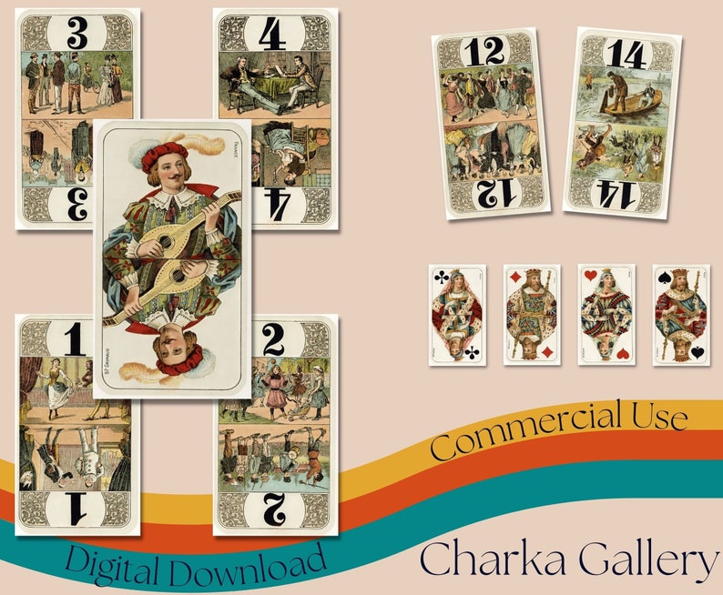 May include: A vintage deck of playing cards with illustrations of people and scenes. The cards are arranged in a cross pattern with the numbers 1 through 14 visible. The cards are on a light brown background with a colorful wave pattern at the bottom. The text "Digital Download" and "Charka Gallery" are visible at the bottom of the image.