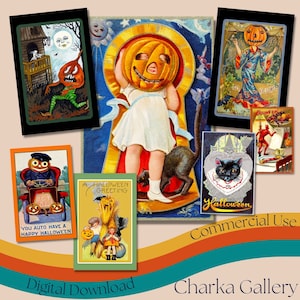Vintage Halloween Postkarten Bundle, druckbare Halloween Ephemera Collage Sheets, ATC Karten, Grußkarten, kommerzielle Nutzung