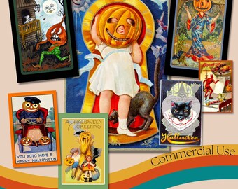 100 Vintage Halloween Postcards • Printable Collage Sheets • Victorian and Edwardian Halloween Art • Witches & Pumpkins • Commercial Use