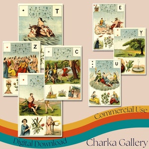 Pełna talia kart Grand Jeu de Mlle Lenormand do druku, arkusz kolażu kart Vintage Fortune Telling, karty wróżbiarskie, efemerydy, do użytku komercyjnego