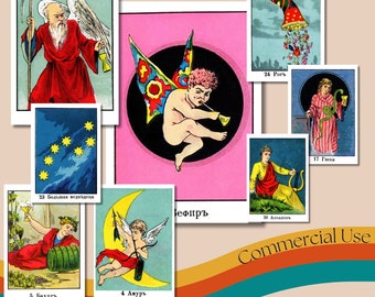 Vintage 'Mythologische' Wahrsagekarten Full Deck, druckbare russische Spielkarten, russisches Cartomancy Deck, kommerzielle Nutzung