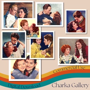 Afdrukbare "Famous Love Scenes" Sigaretkaarten, Vintage Movie Stars Collage Sheets, Ephemera, Tea Party Cards, Scrapbook, Junk Journal