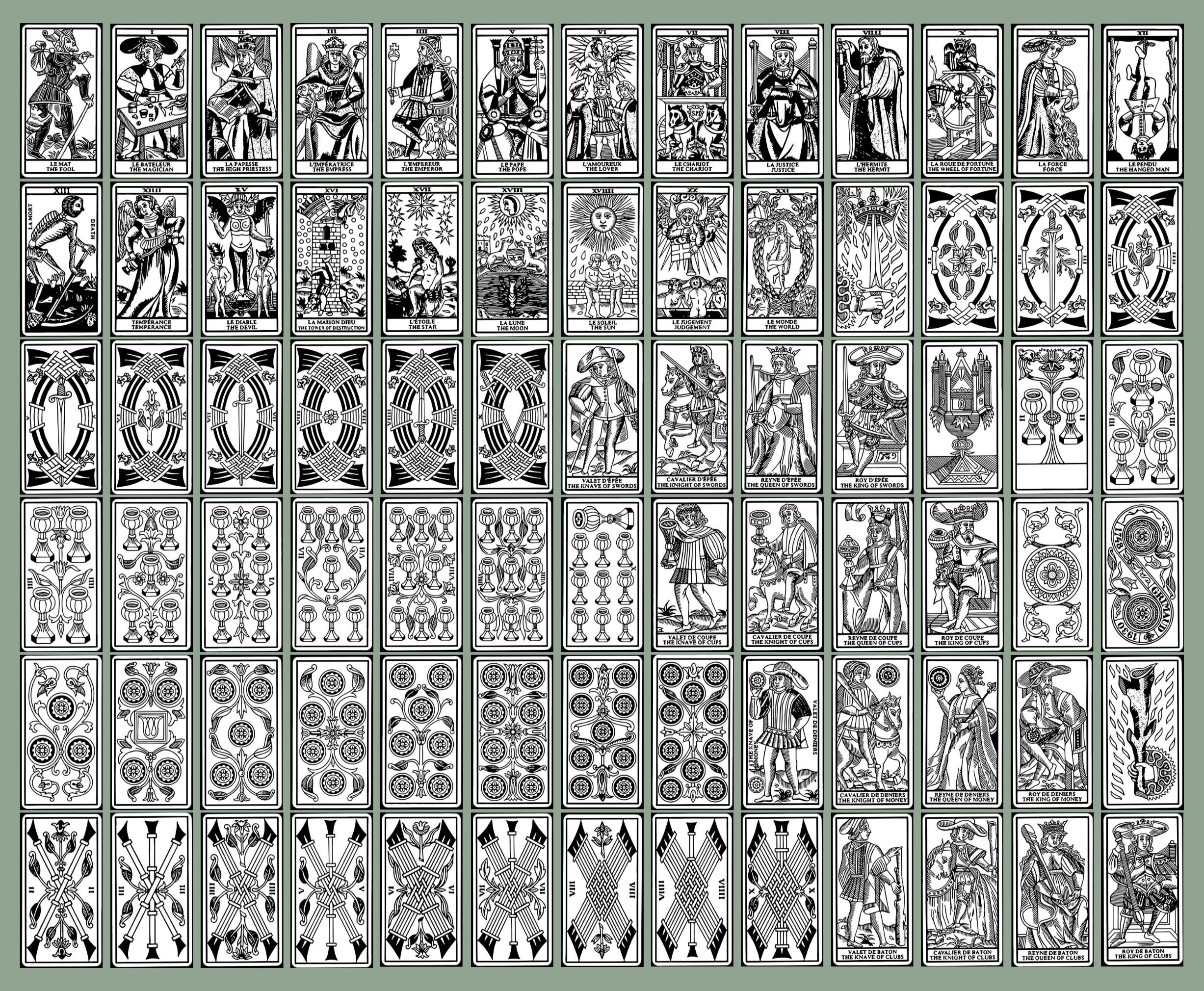 Printable tarot of Marseilles Black and White Tarot Card Deck, JPG ...