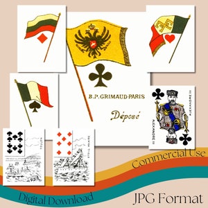 Baralho completo de cartas de jogo vintage 'União da Rússia e França', conjunto completo de cartas de jogo francesas para impressão, jogos de cartas antigos, uso comercial