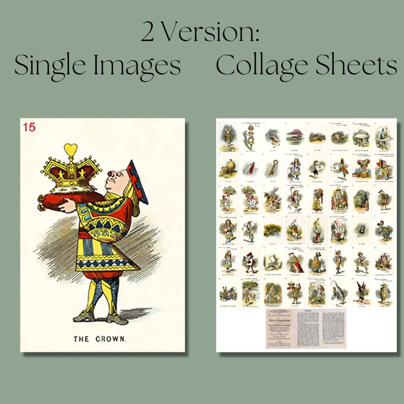 Cartas de jogar Alice no País das Maravilhas para impressão, baralho completo, página de colagem de coisas efêmeras vintage, diário de lixo, álbum de recortes, cartas ATC, uso comercial imagem 2