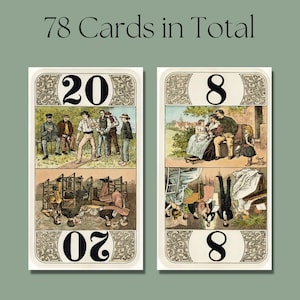 May include: Two playing cards, one with the number 20 and the other with the number 8. Both cards have illustrations of people in different scenes. The cards are part of a deck of 78 cards.