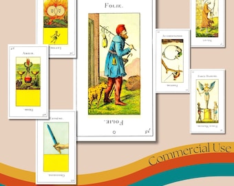 May include: A vintage tarot card deck featuring illustrations of various characters and symbols. The card shown is the Fool, depicting a man with a staff and a dog, with the text "FOLIE" at the bottom.