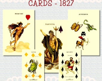 Antique Astronomical Playing Cards 1827, Celestial Zodiac Playing Card JPG, Charles Hodges Astronomy Cards, Historic Junk Journal Ephemera