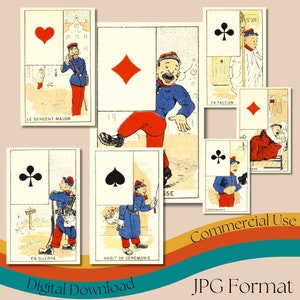 Cartas de jogo vintage 'Jeu du Soldat', jogo de cartas em quadrinhos francês para impressão, adivinhação, cartomancia, baralho colecionável, uso comercial