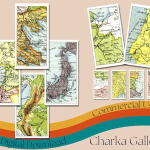 Printable "Modern School Atlas" Cigarette Cards (Set 2), Vintage Maps Collage Sheet, ATC Cards, Map Stickers, Junk Journal, Commercial Use
