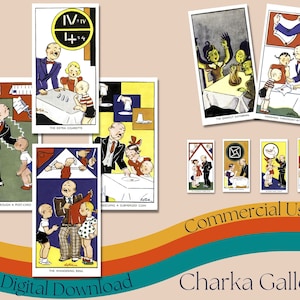 Könnte beinhalten: Ein Satz Vintage-Zauberkarten mit Illustrationen von Personen, die Zaubertricks vorführen. Die Karten sind weiß mit schwarzen Rändern und zeigen farbenfrohe Illustrationen. Der Text auf den Karten lautet "The Extra Cigarette", "The Ghostly Gathering", "Walk Through a Postcard", "Escaping a Submerged Coin", "The Wandering Ring" und "Vanishing Three Penny Bit".