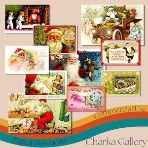 Pacchetto di cartoline di Natale vintage-8, fogli di collage di immagini digitali di Babbo Natale, effimeri natalizi, biglietti di auguri, biglietti ATC, uso commerciale