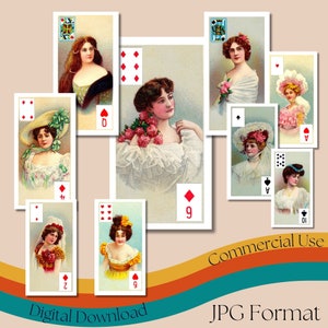 Vintage 'Schönheiten' Spielkarten Full Deck, antike Spielkarten für Sammler, druckbare schöne Frauen Illustrationen, kommerzielle Nutzung