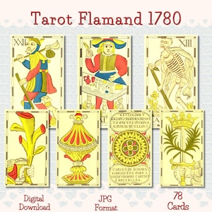 Puede incluir: Una baraja de cartas de tarot Flamand 1780 vintage con ilustraciones de figuras y símbolos en rojo, amarillo, azul y beige. La baraja incluye 78 cartas y está disponible como descarga digital en formato JPG.