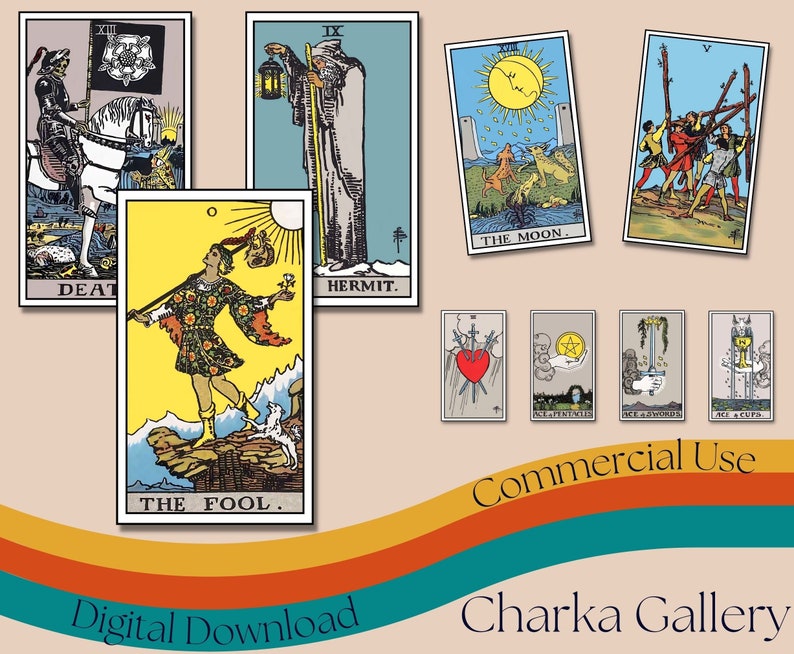 May include: A set of ten tarot cards featuring colorful illustrations of the Death, Hermit, Moon, Five of Wands, Ace of Swords, Ace of Pentacles, and Ace of Cups cards. The Fool card is also included. The cards are printed on a white background with black borders. The text "Commercial Use" and "Digital Download" is printed at the bottom of the image.