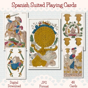 May include: A collection of vintage Spanish suited playing cards. The cards feature detailed illustrations in shades of beige, blue, red, and gold. The text "Spanish Suited Playing Cards", "Digital Download", "JPG Format", and "48 Cards" are visible.