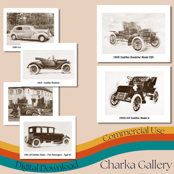 Printable "Cadillac 1902-1938 Photographs and Specifications", Vintage Cars Collage Sheet, ATC Cards, Ephemera, Junk Journal, Scrapbook