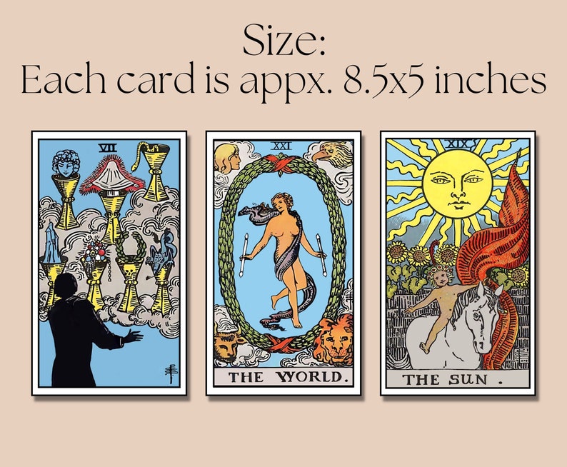 May include: Three tarot cards, each measuring approximately 8.5 by 5 inches. The cards are from the Rider-Waite tarot deck and depict the following scenes: The Chariot, The World, and The Sun.