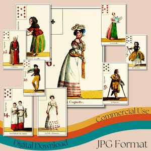 Cartas de jogo vintage 'O jogo do casamento', baralho completo, cartas de jogo francesas para impressão, baralho colecionável antigo, uso comercial