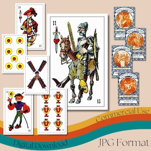 Druckbares „Don Quijote“ Spielkarten-Volldeck, spanisches Spielkartendeck, Vintage-Kartenspiele, Pokerkarten, kommerzielle Nutzung