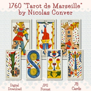 May include: A collection of 78 vintage Tarot de Marseille cards by Nicolas Conver, dating back to 1760. The cards feature colorful illustrations with symbolic imagery, including figures, symbols, and text. The image also includes the text "Digital Download" and "JPG Format".