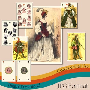 Mazzo completo di carte da gioco vintage 'Jeu de Romantique', set completo di carte da gioco francesi stampabili, mazzo da collezione, uso commerciale