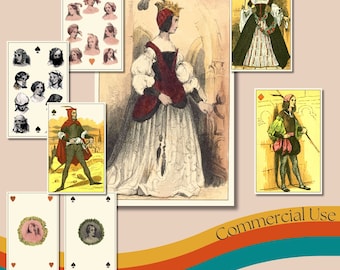 Vintage 'Jeu de Romantique' Playing Cards Full Deck, Printable French Playing Cards Complete Set, Collectible Deck, Commercial Use